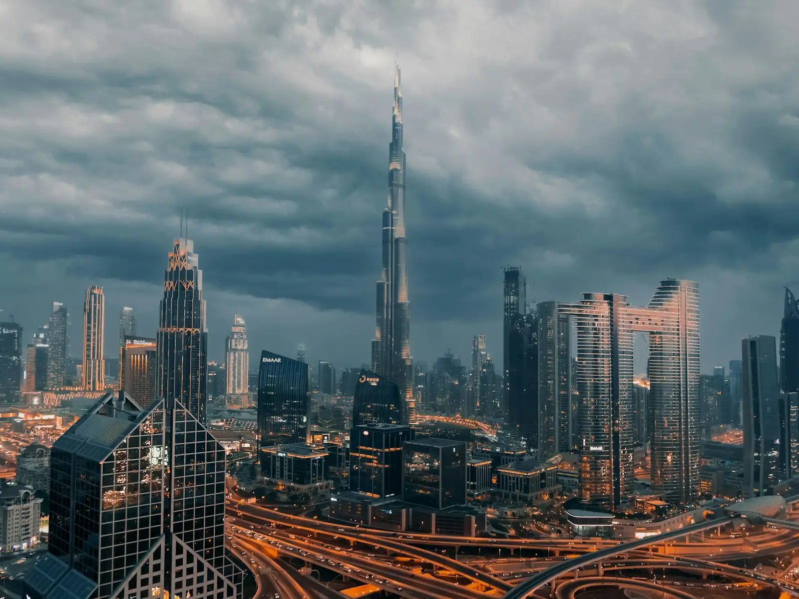City skyline under storm cloud in the United Arab Emirates